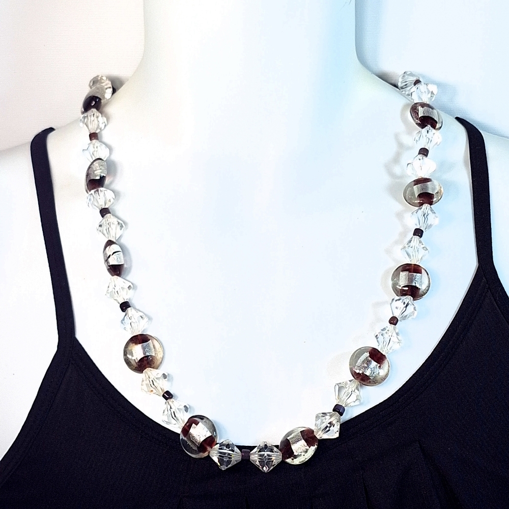 Glass Lucite Beaded Infinity Strand Silver Maroon Vintage Necklace